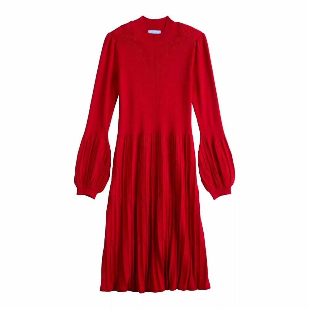 Women's Draper James RSVP balloon sleeve ribbed knit midi Sweater Dress Red SZ S